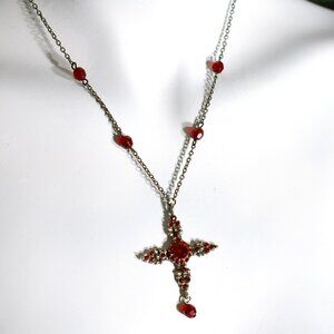 Red jeweled vintage 90's rosary style pendant necklace